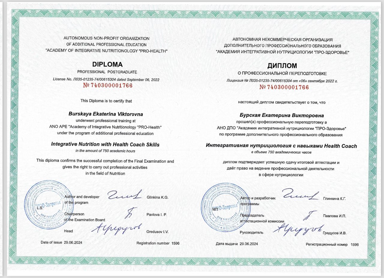 Диплом интегративный нутрициолог